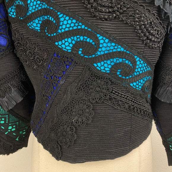 UDO Womens Black Crop Jacket Size 8 Bold Artsy Avant-Garde Ruffles Embroidery - Picture 11 of 13